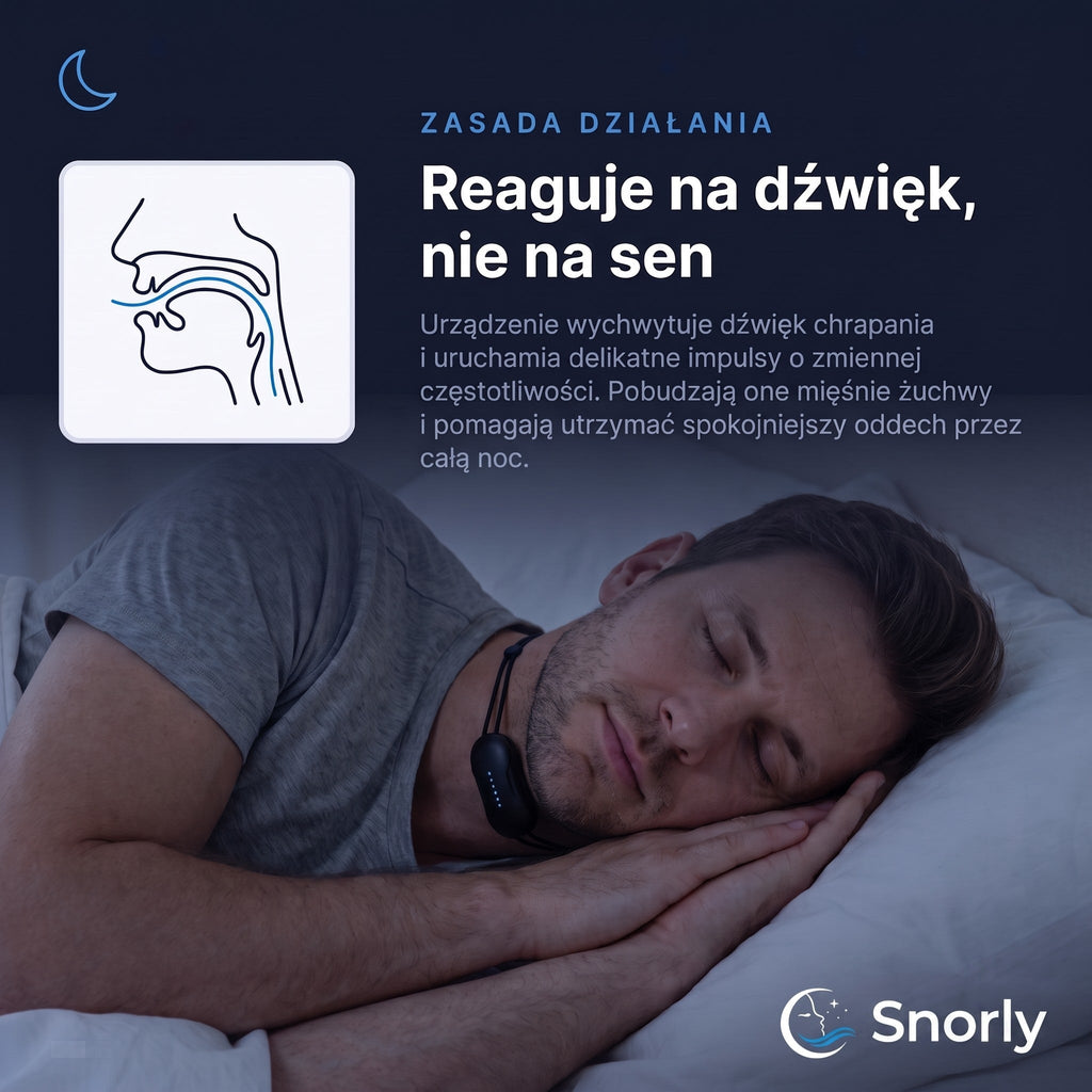 Zasada dzialania Snorly Pro: wykrywa dzwiek chrapania i reaguje krotka wibracja