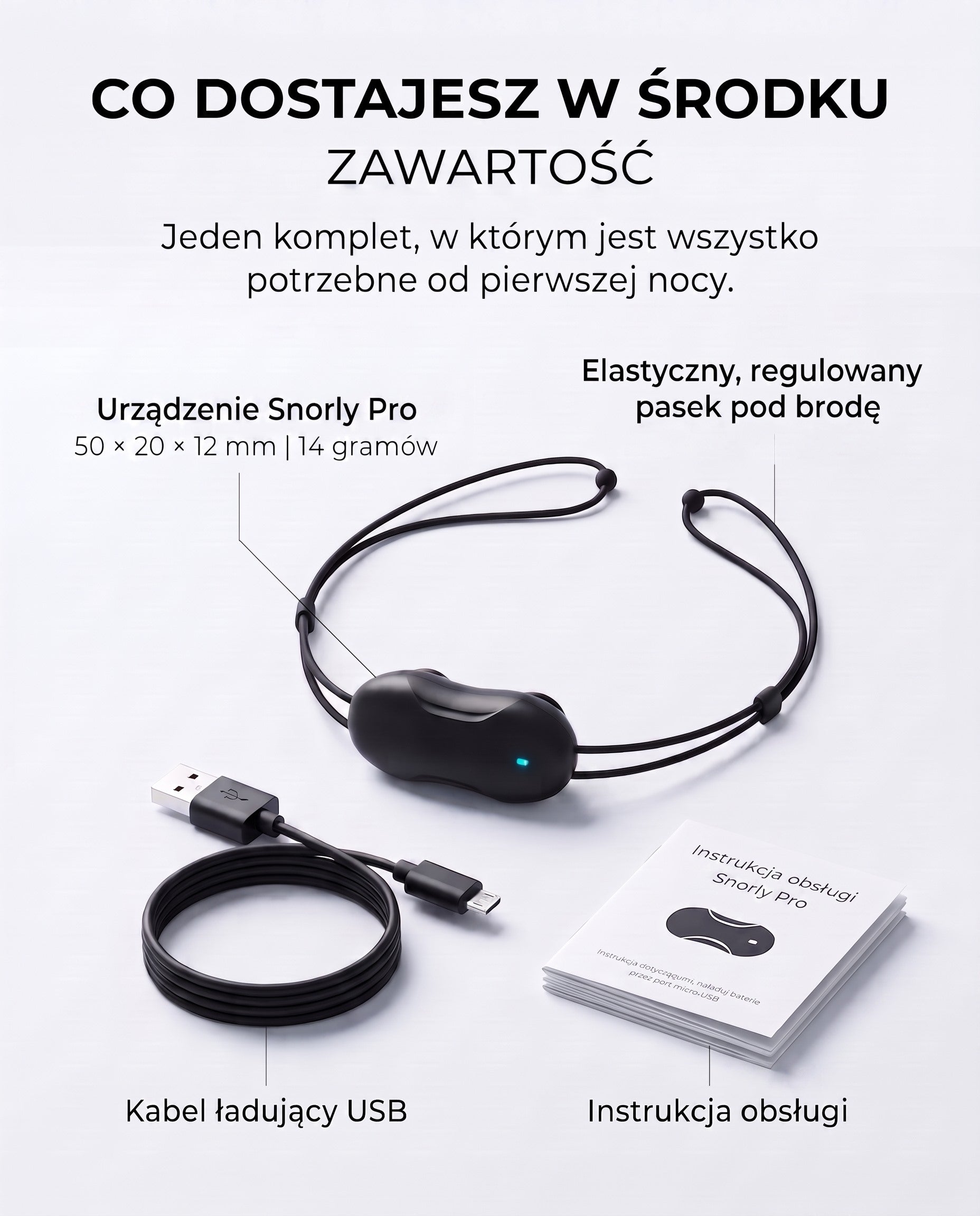 Zawartosc zestawu Snorly Pro: urzadzenie z linka pod brode, kabel ladujacy USB i instrukcja obslugi